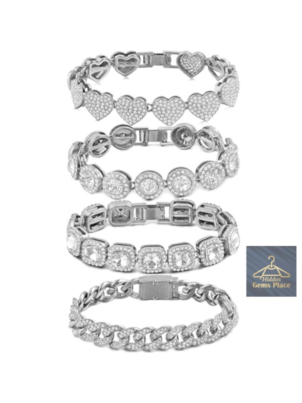 4PCS Clustered Tennis Bracelet Set Layered Link Bracelets for Women Cubans Chain